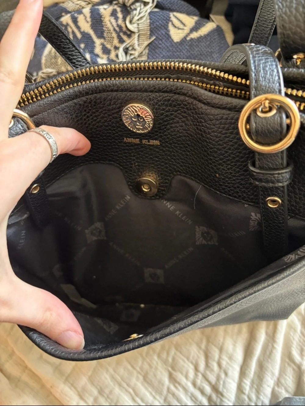 EUC Anne Klein Black Pebbled Leather Tote with Gold Accents - Picture 3 of 6